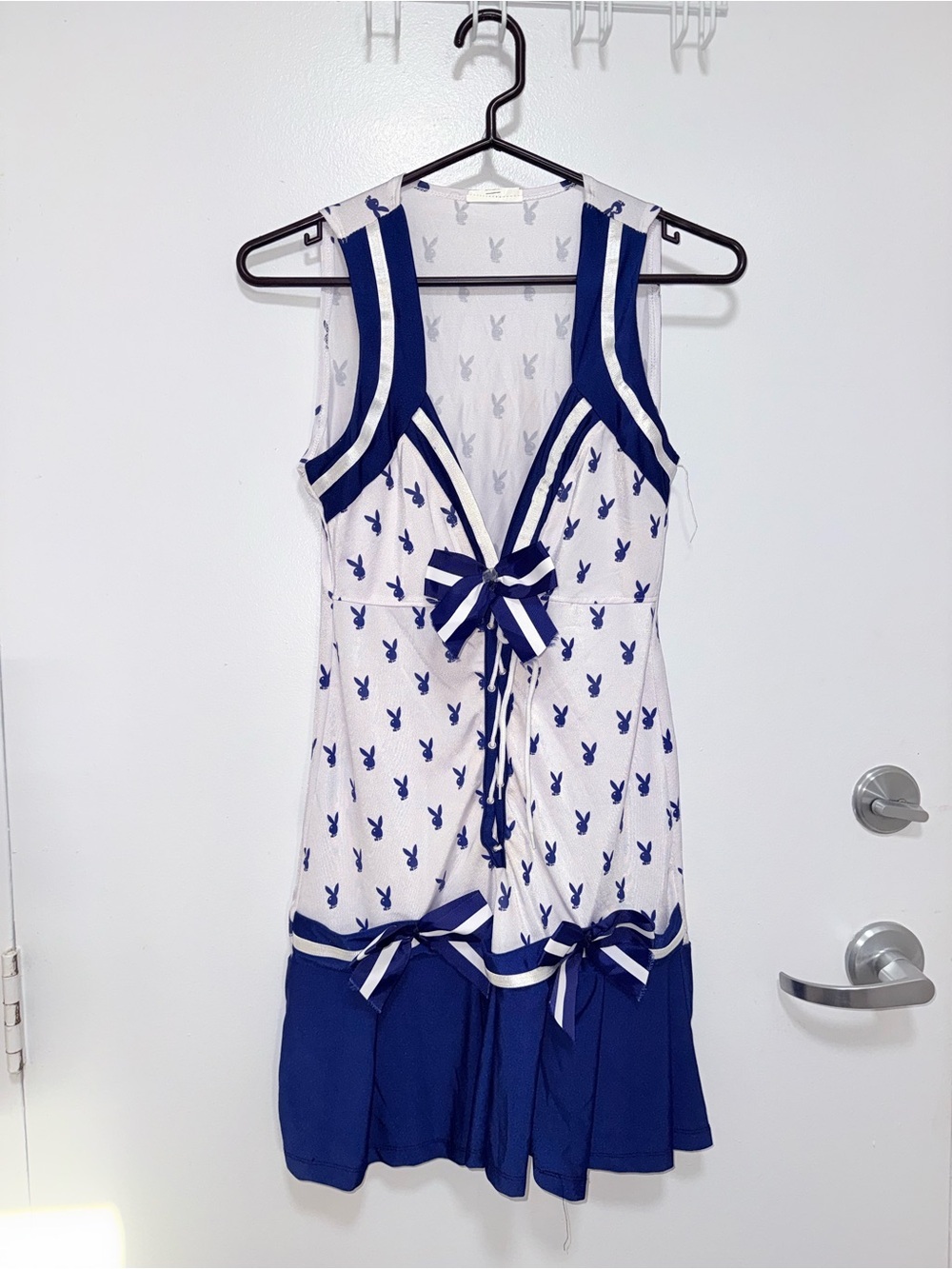 Y2K Vintage PLAYBOY White &Navy Bow-Front Sleeveless Chemise *No Bunny Decal